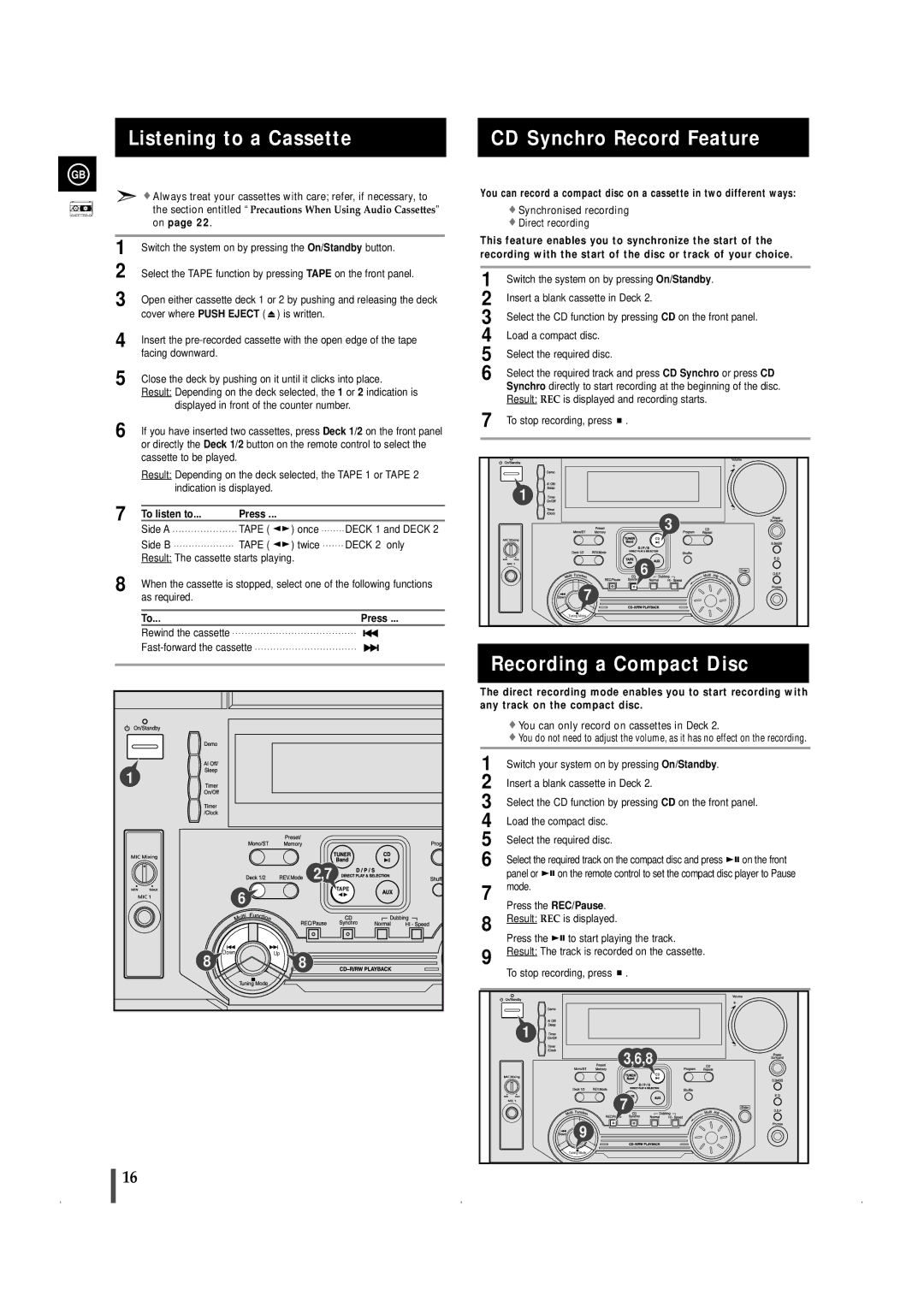 Samsung MAXWL69QH/XFO manual Listening to a Cassette, CD Synchro Record Feature, Recording a Compact Disc 