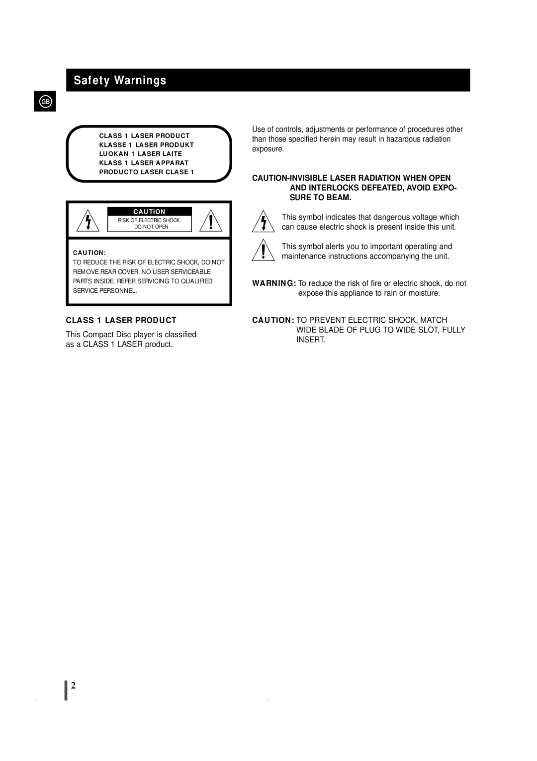 Samsung MAXWL69QH/XFO manual Safety Warnings, Class 1 Laser Product 