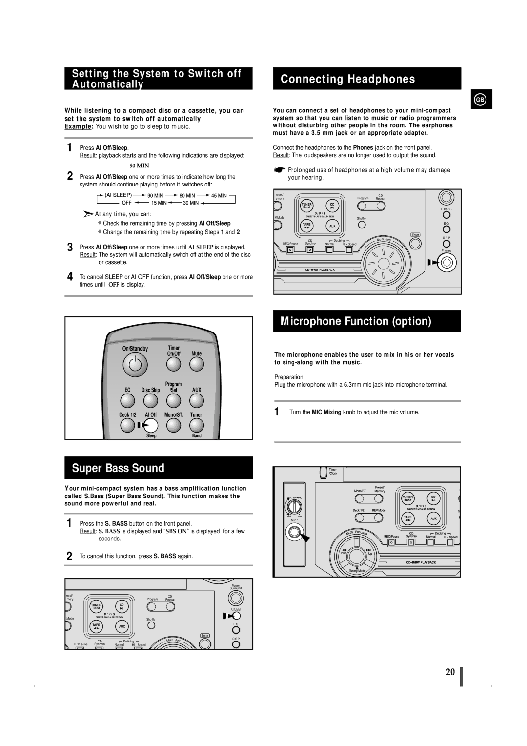 Samsung MAXWL69QH/XFO manual Connecting Headphones, Super Bass Sound, Microphone Function option, Press AI Off/Sleep 