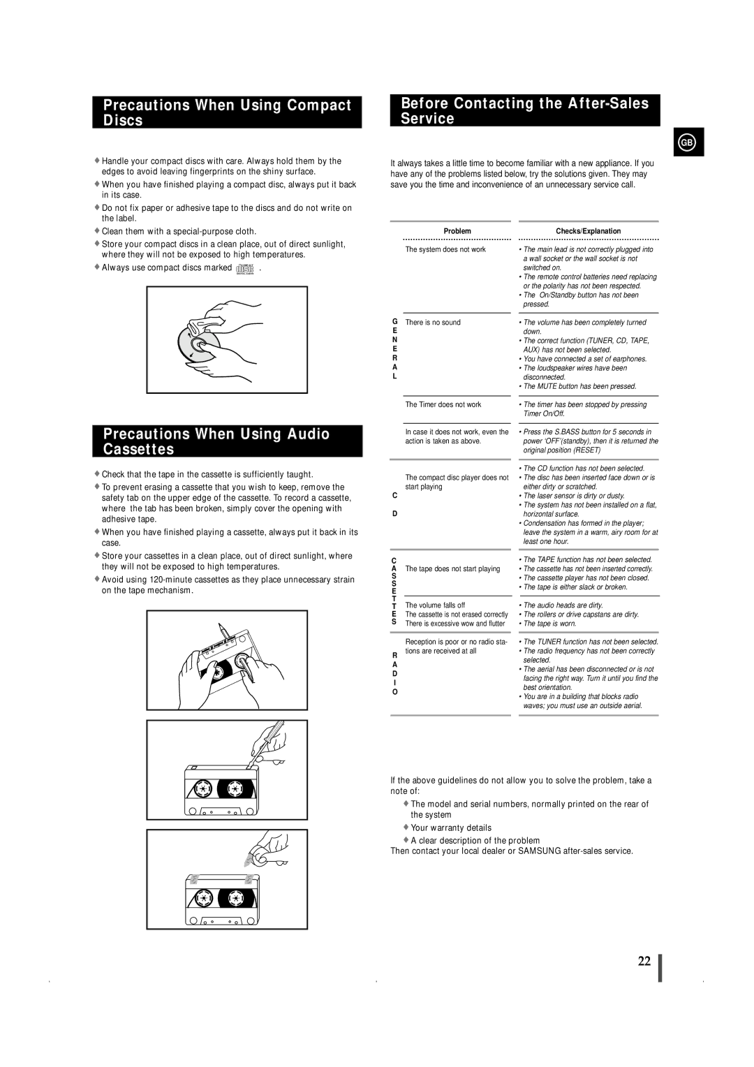 Samsung MAXWL69QH/XFO manual Precautions When Using Compact Discs, Before Contacting the After-Sales Service 