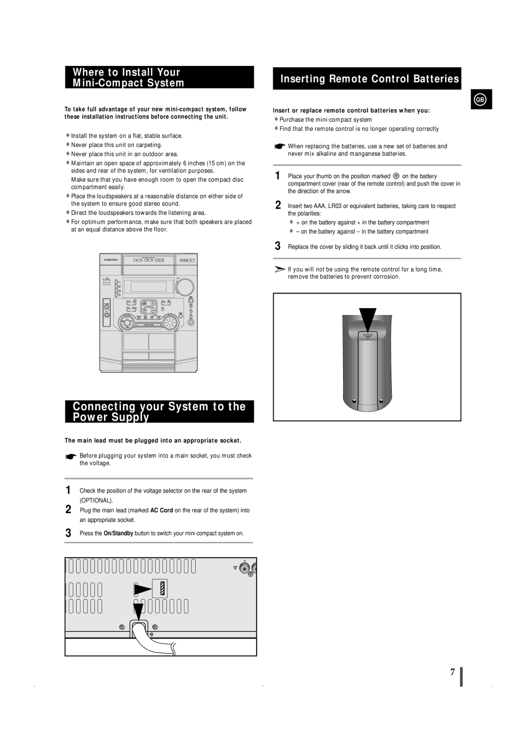 Samsung MAXWL69QH/XFO manual Connecting your System to the Power Supply, Where to Install Your Mini-Compact System 