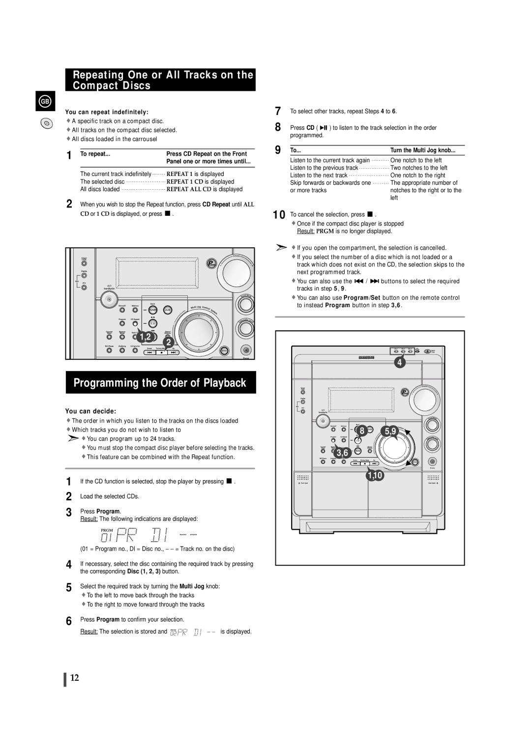 Samsung MAXWS730RH/ELS Programming the Order of Playback, Repeating One or All Tracks on the Compact Discs, To repeat 