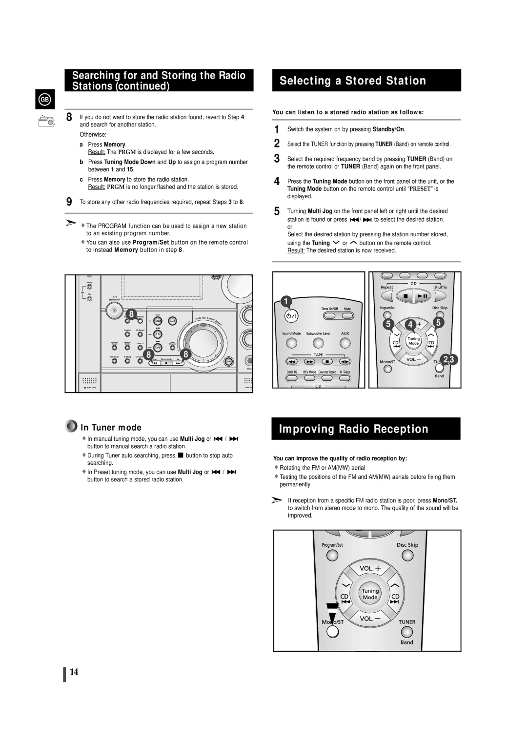 Samsung MAXWS730RH/XEF, MAXWS730RH/ELS, MAXWS750RH/XEF Selecting a Stored Station, Improving Radio Reception, Tuner mode 