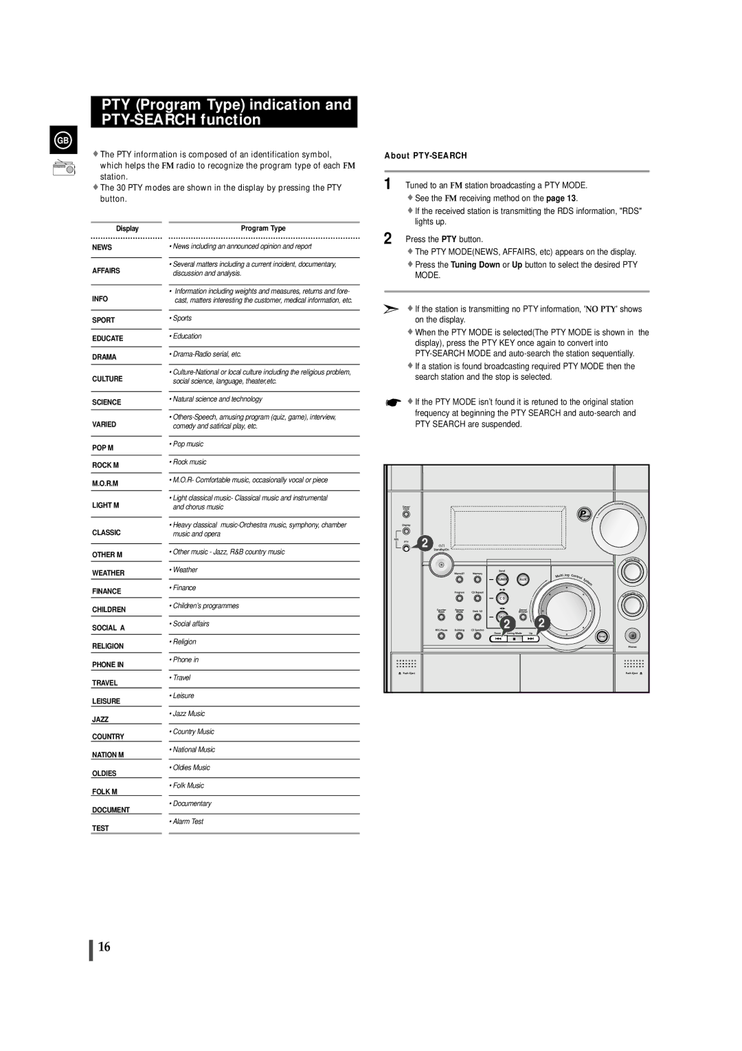 Samsung MAXWS730S/ELS, MAXWS730RH/ELS, MAXWS750RH/XEF PTY Program Type indication and PTY-SEARCH function, About PTY-SEARCH 