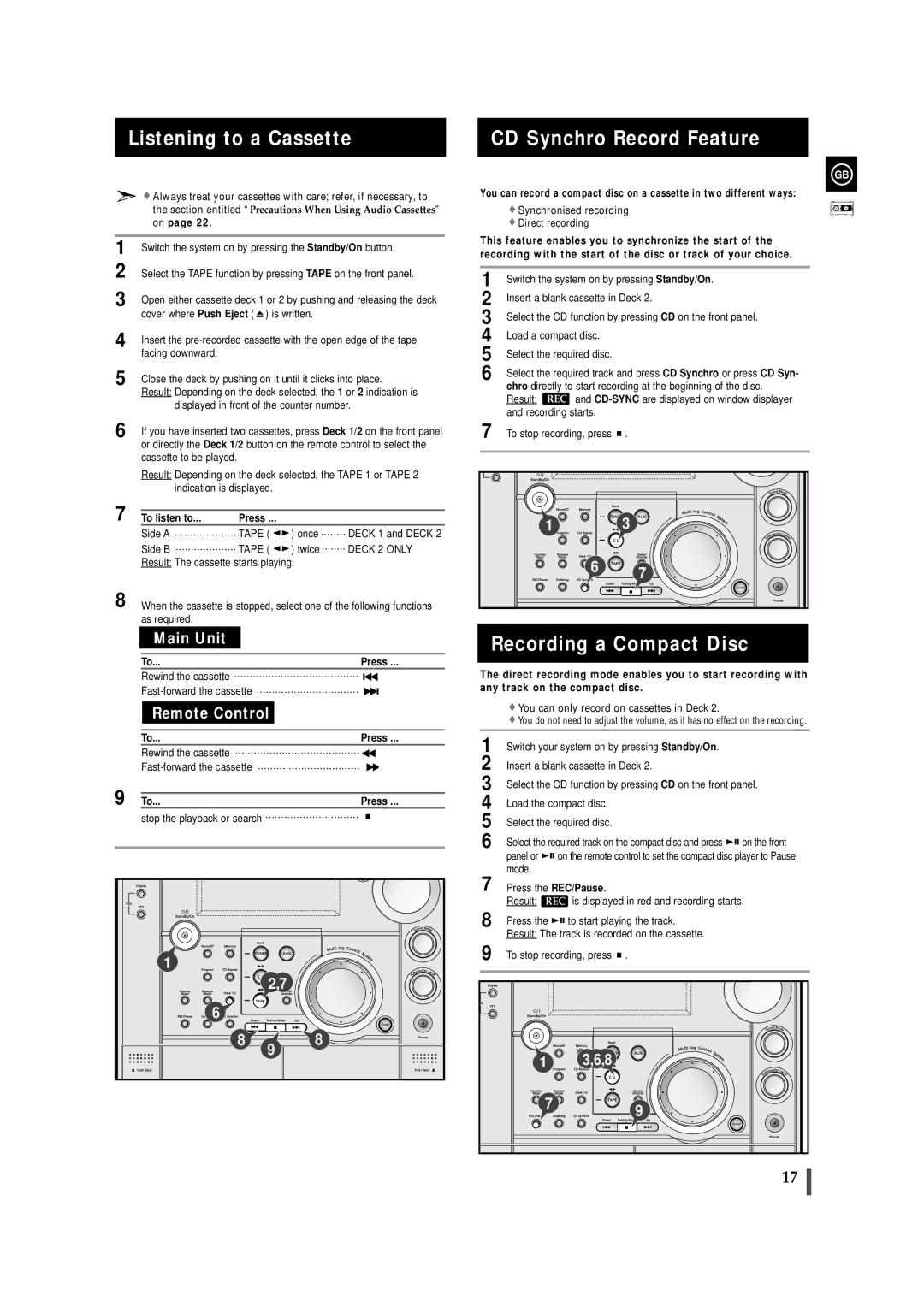 Samsung MAXWS750RH/ELS, MAXWS730RH/ELS manual Listening to a Cassette, CD Synchro Record Feature, Recording a Compact Disc 