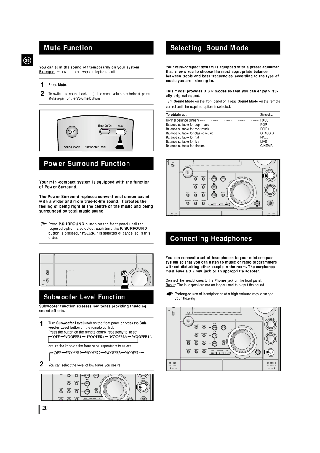 Samsung MAXWS730RH/XEF, MAXWS730RH/ELS Mute Function, Selecting Sound Mode, Power Surround Function, Connecting Headphones 