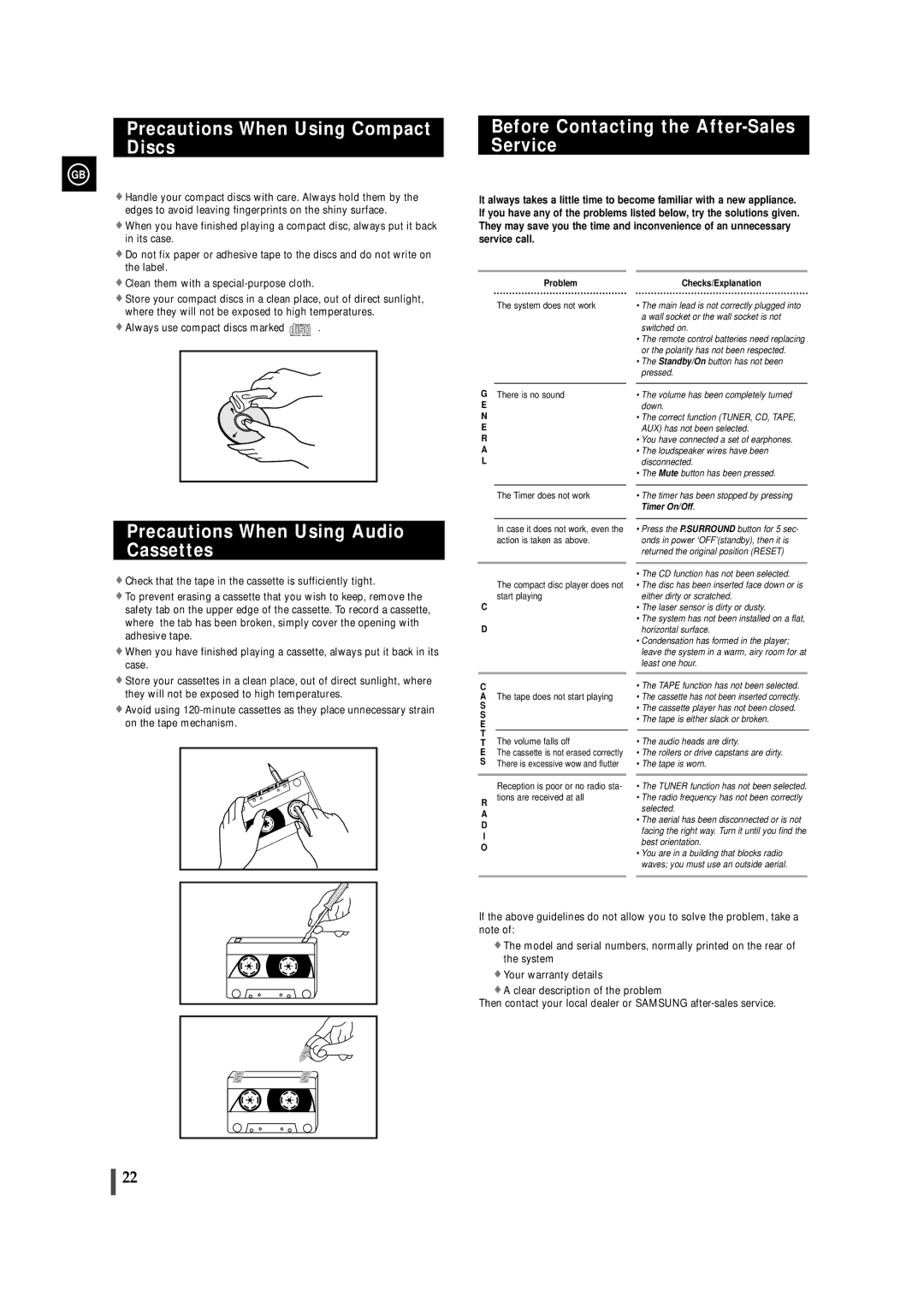 Samsung MAXWS730S/ELS, MAXWS730RH/ELS manual Precautions When Using Compact Discs, Before Contacting the After-Sales Service 