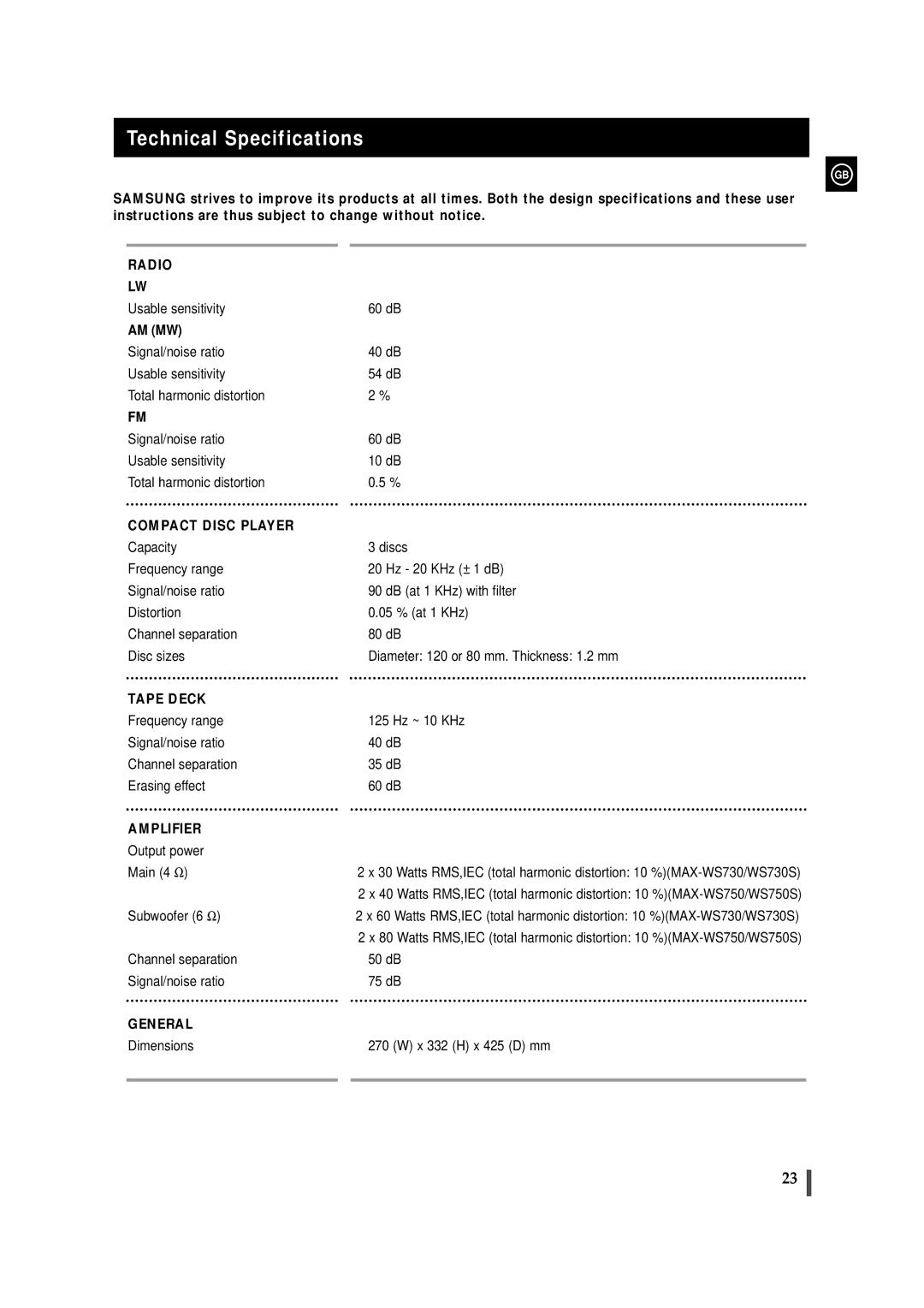 Samsung MAXWS750RH/ELS, MAXWS730RH/ELS, MAXWS750RH/XEF, MAXWS730RH/XEF manual Technical Specifications, Compact Disc Player 