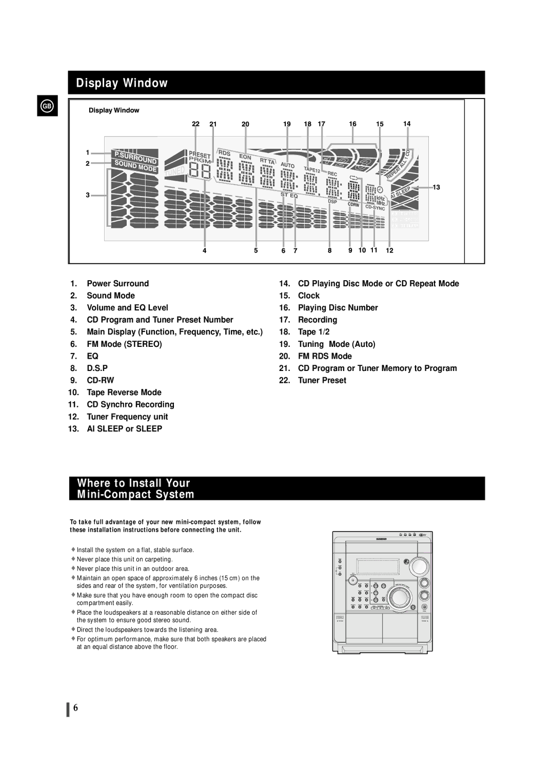 Samsung MAXWS730RH/ELS, MAXWS750RH/XEF, MAXWS730RH/XEF manual Display Window, Where to Install Your Mini-Compact System 