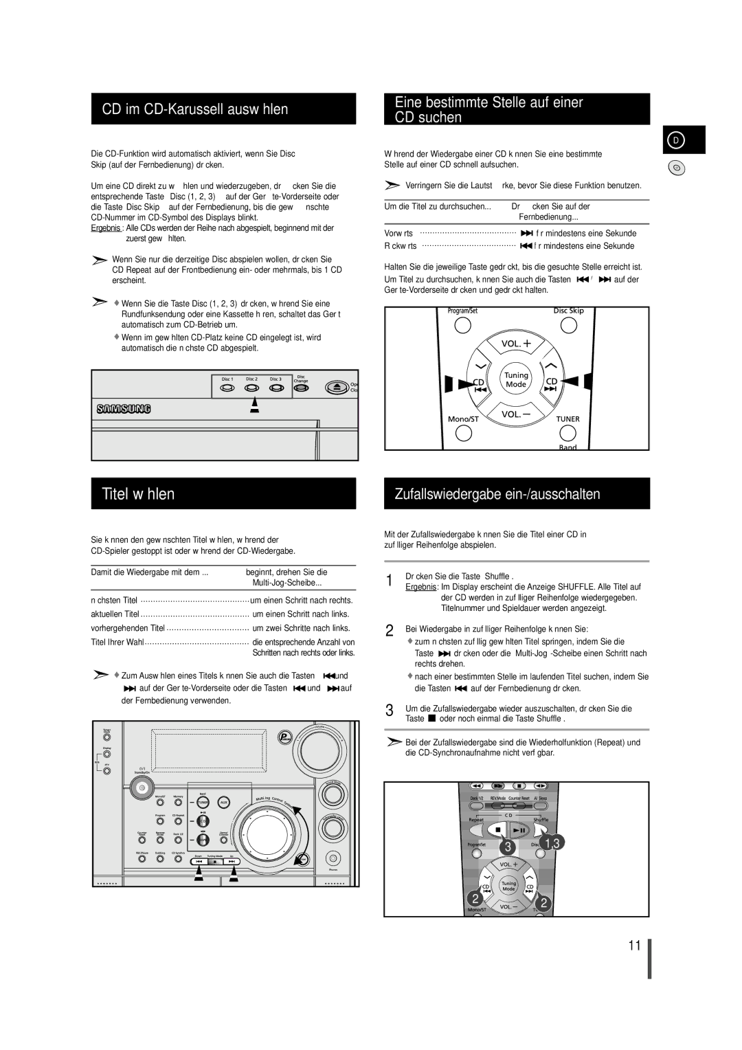 Samsung MAXWS730RH/ELS Titel wählen, CD im CD-Karussell auswählen, Eine bestimmte Stelle auf einer CD suchen, Rückwärts 