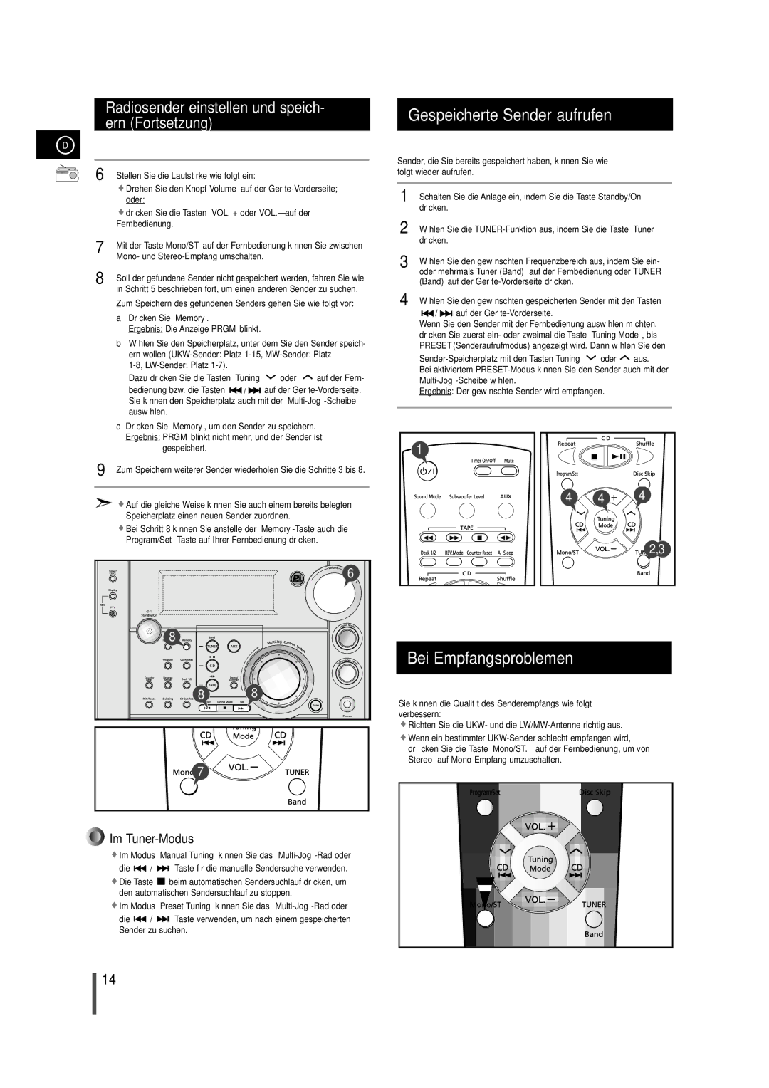 Samsung MAXWS730RH/ELS manual Gespeicherte Sender aufrufen, Bei Empfangsproblemen 