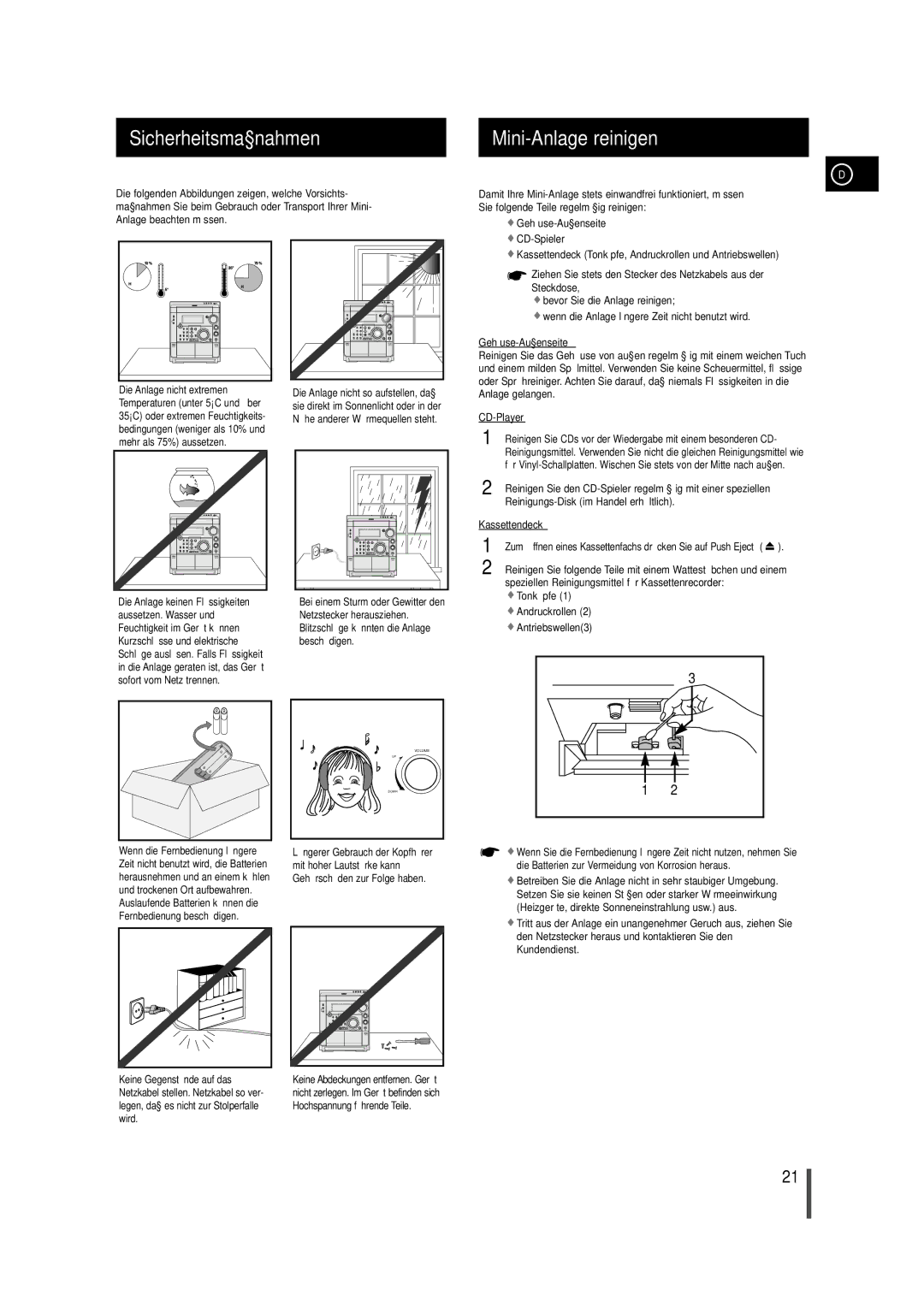 Samsung MAXWS730RH/ELS manual Sicherheitsmaßnahmen Mini-Anlage reinigen 