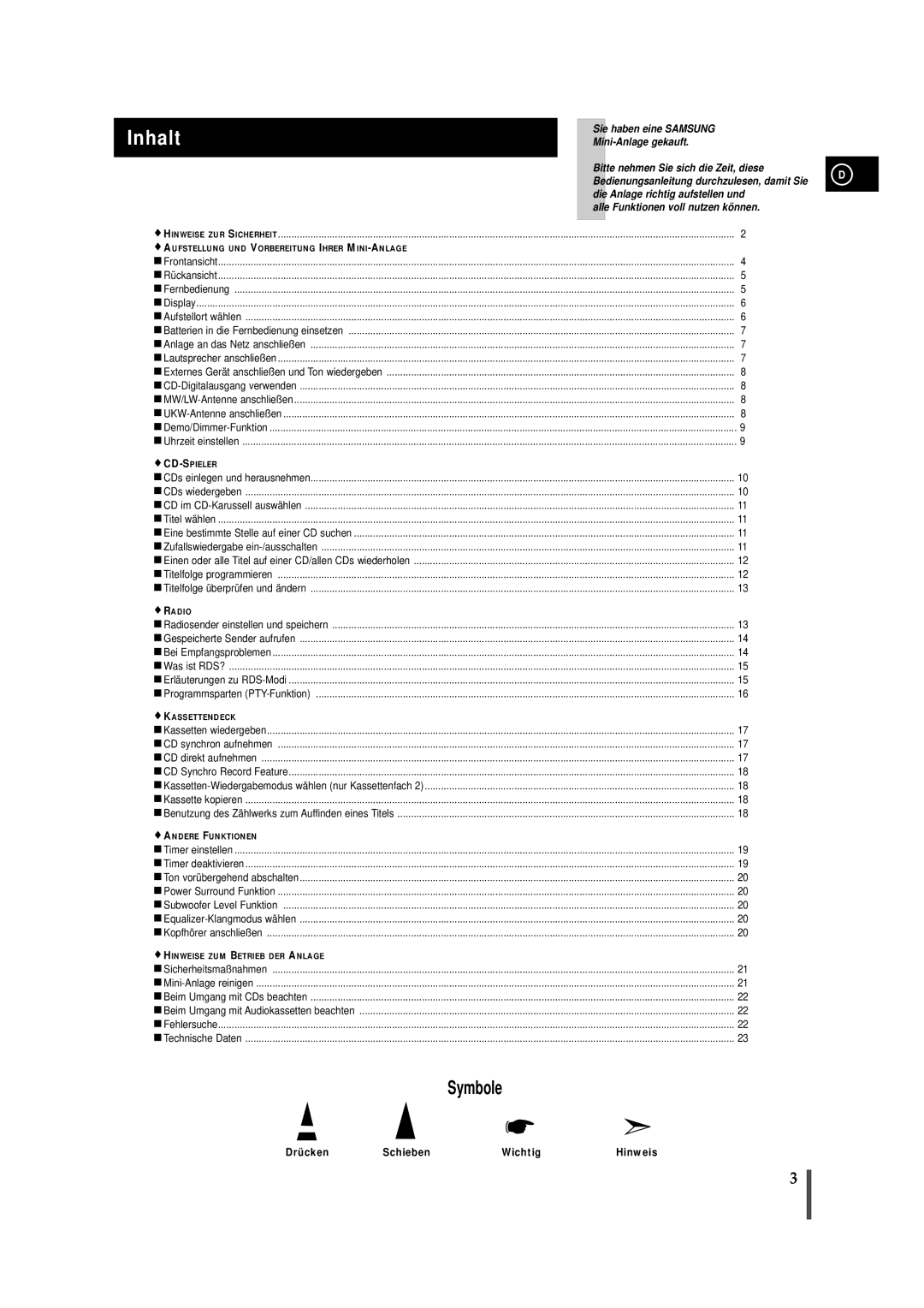 Samsung MAXWS730RH/ELS manual Inhalt, Drücken Schieben Wichtig 