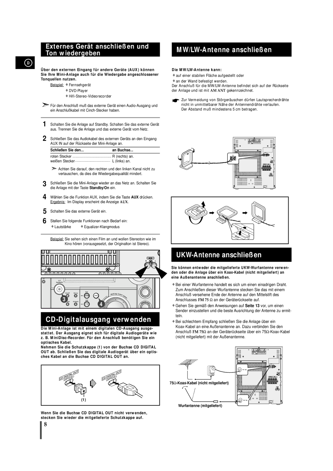 Samsung MAXWS730RH/ELS manual CD-Digitalausgang verwenden, MW/LW-Antenne anschließen, UKW-Antenne anschließen 