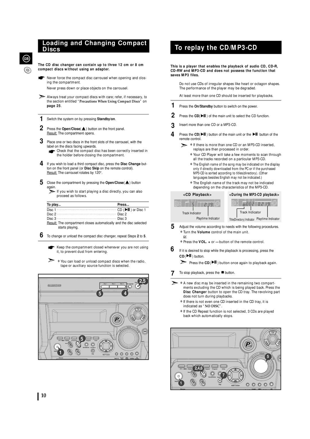 Samsung MAXZB450RH/ELS manual To replay the CD/MP3-CD, Loading and Changing Compact Discs, To play, Track Indicator 