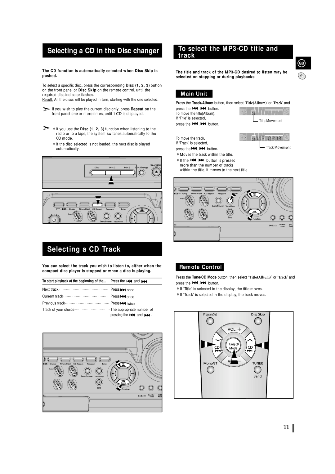 Samsung MAXZB450RH/SPX Selecting a CD in the Disc changer, Selecting a CD Track, To select the MP3-CD title and track 