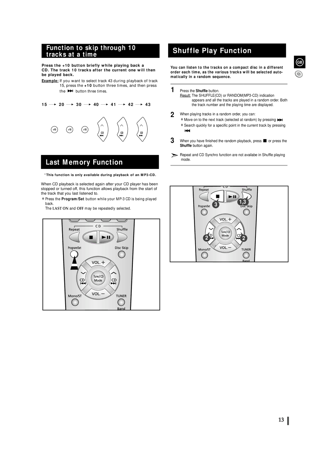 Samsung MAXZB450RH/SPX manual Last Memory Function, Shuffle Play Function, Function to skip through 10 tracks at a time 