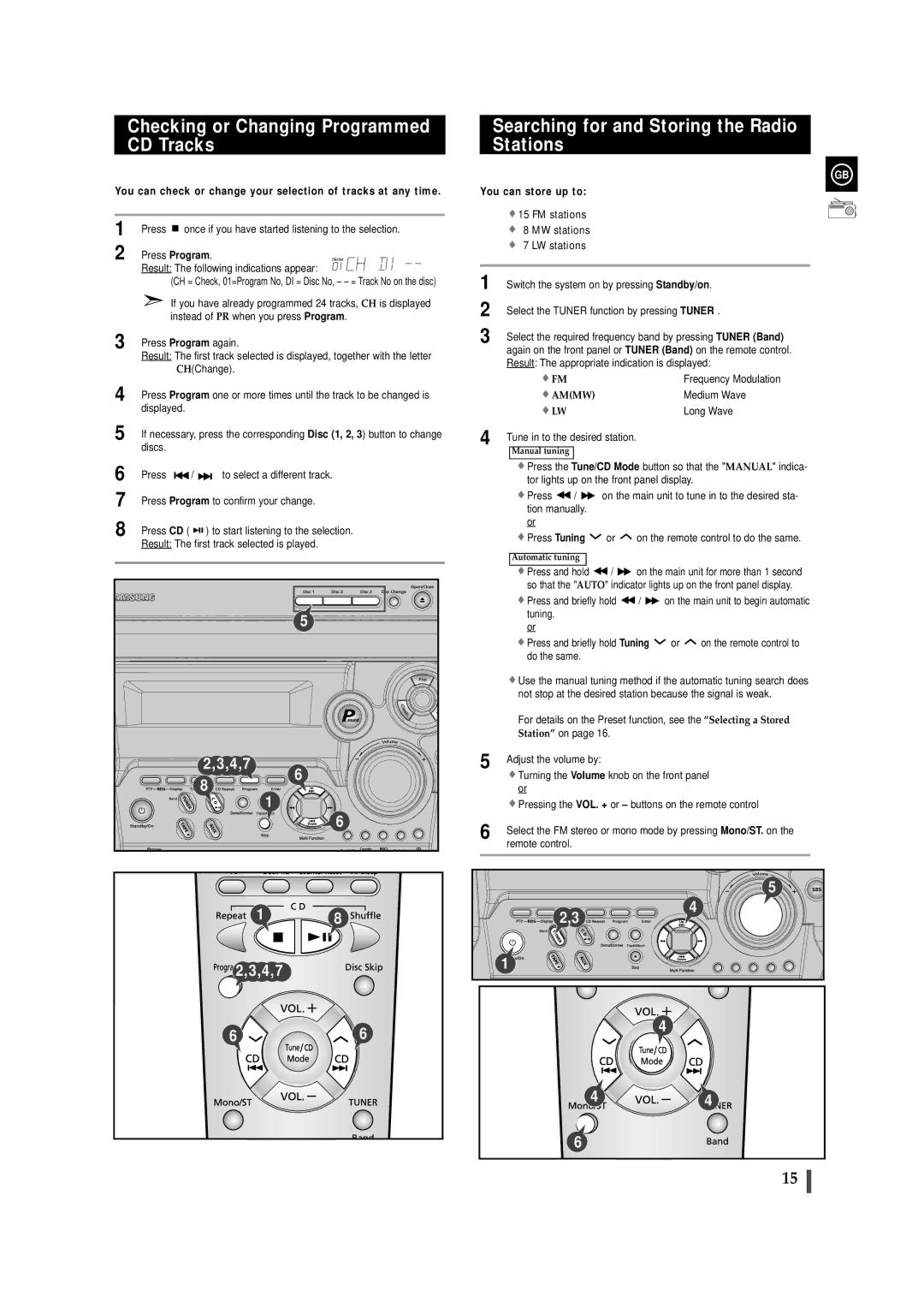 Samsung MAXZB450RH/SPX manual Checking or Changing Programmed CD Tracks, Searching for and Storing the Radio Stations 