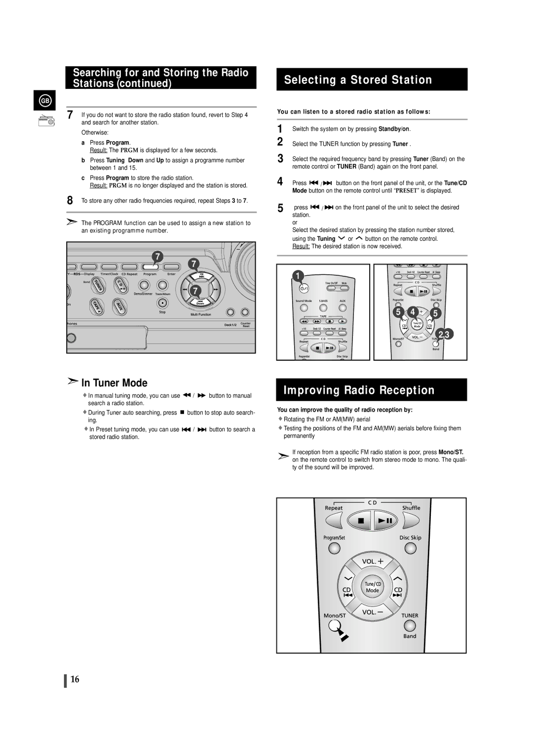 Samsung MAXZB450RH/ELS, MAXZB450RH/SPX manual Selecting a Stored Station, Improving Radio Reception 