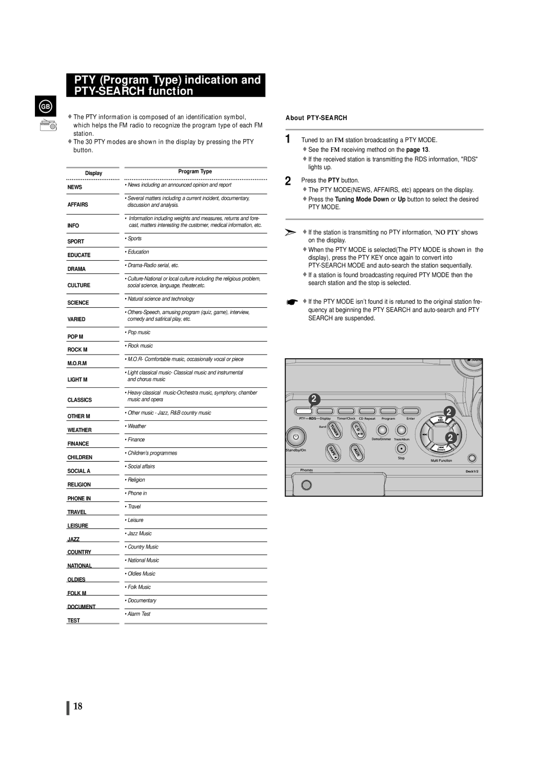 Samsung MAXZB450RH/ELS, MAXZB450RH/SPX manual PTY Program Type indication and PTY-SEARCH function, About PTY-SEARCH 