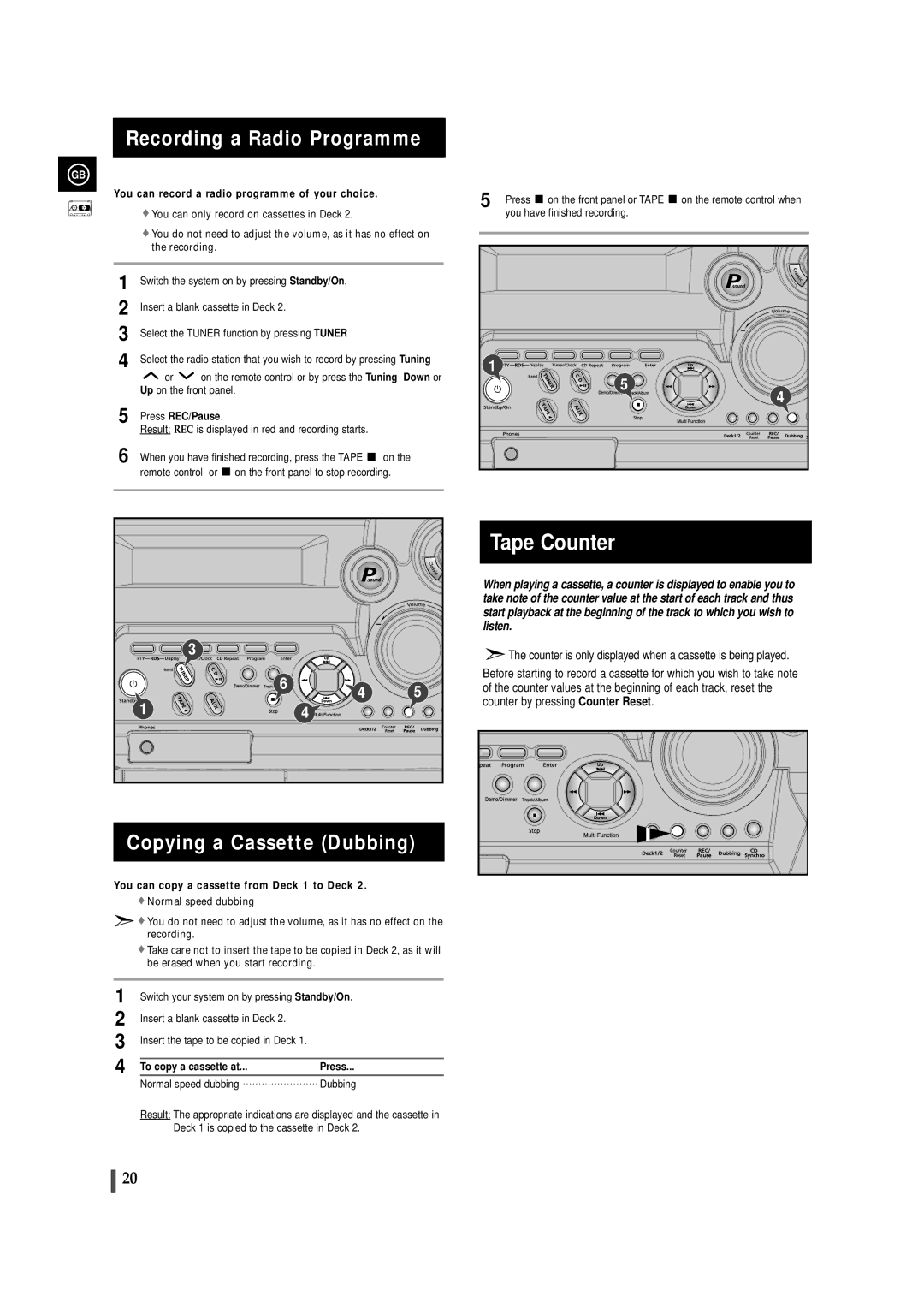 Samsung MAXZB450RH/ELS, MAXZB450RH/SPX manual Recording a Radio Programme, Copying a Cassette Dubbing, Press REC/Pause 