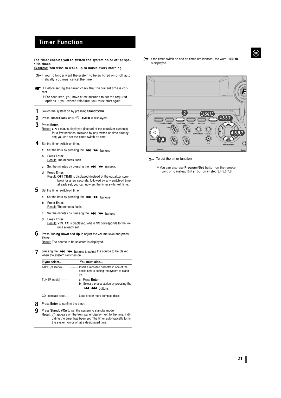 Samsung MAXZB450RH/SPX, MAXZB450RH/ELS manual Timer Function, Press Timer/Clock until, You must also, Press Enter 