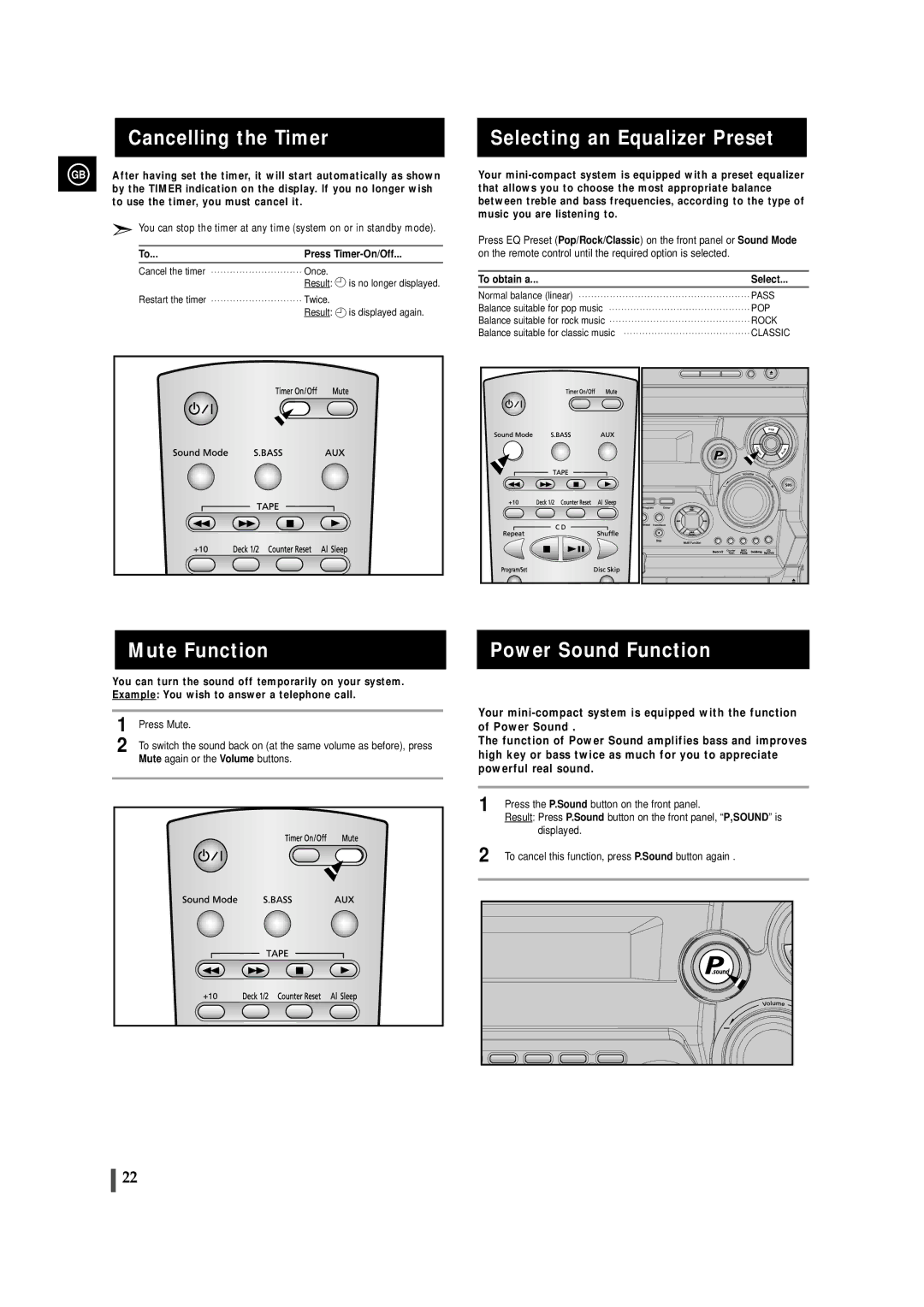 Samsung MAXZB450RH/ELS manual Cancelling the Timer, Mute Function, Selecting an Equalizer Preset, Power Sound Function 