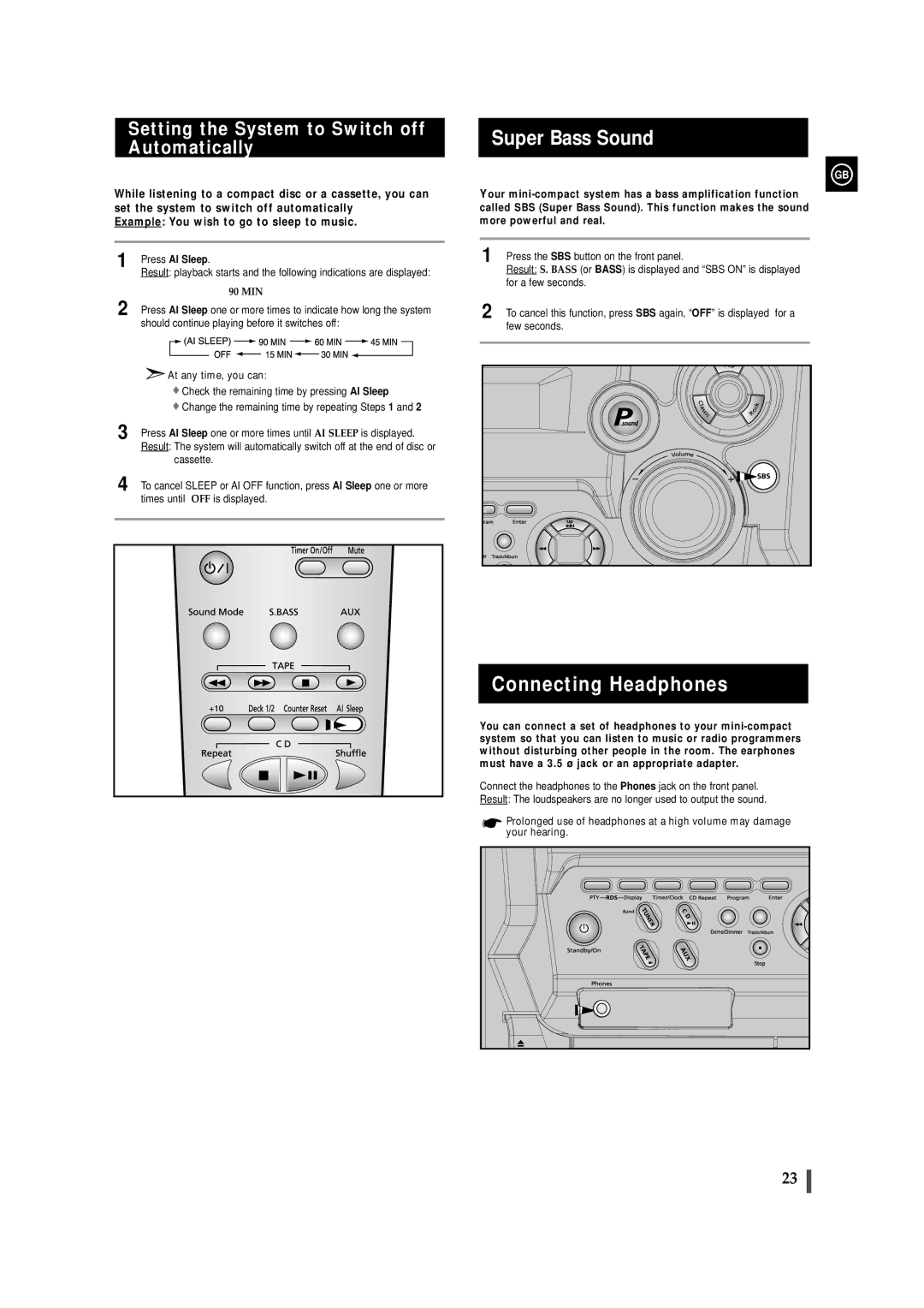 Samsung MAXZB450RH/SPX manual Super Bass Sound, Connecting Headphones, Setting the System to Switch off Automatically 