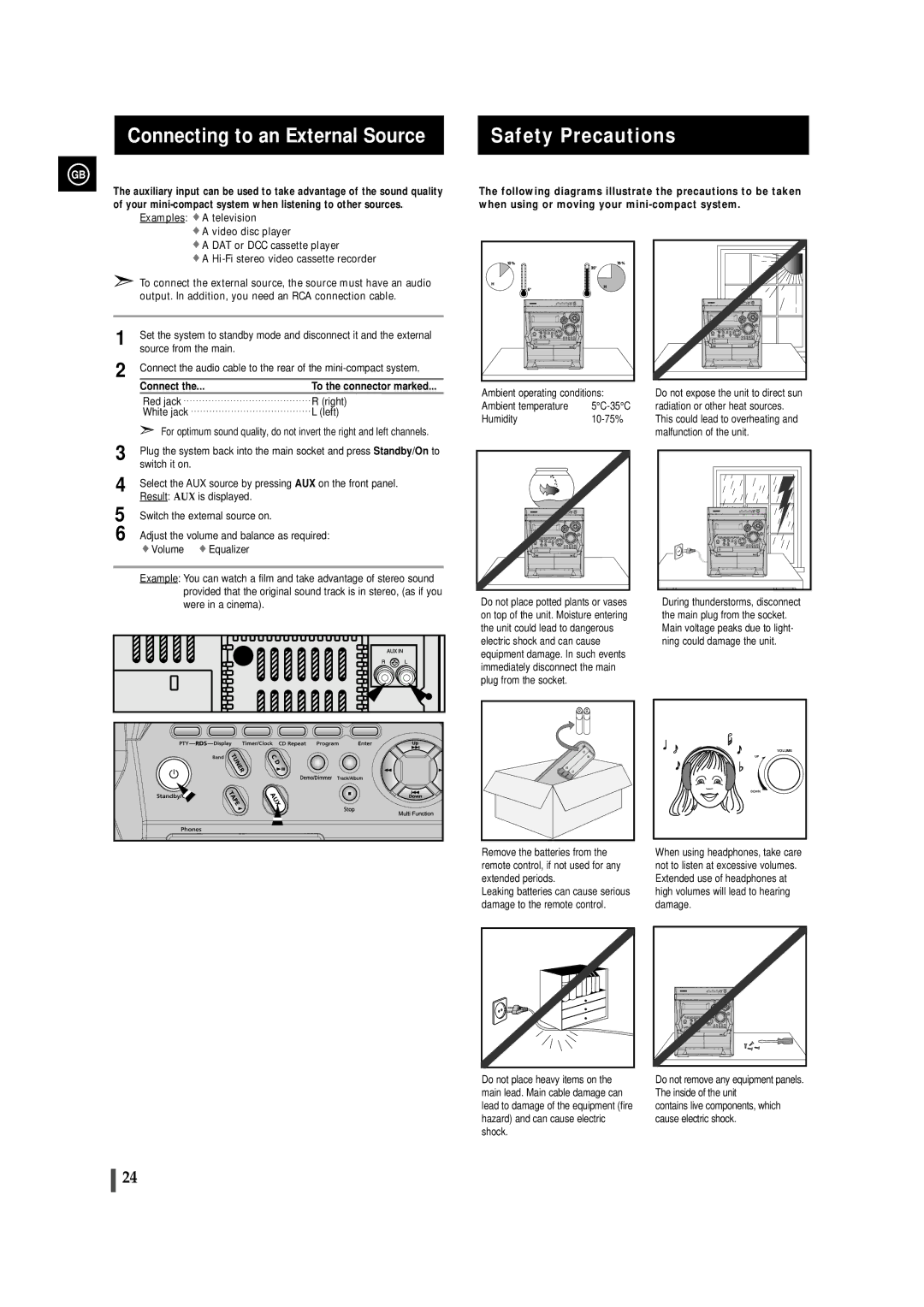 Samsung MAXZB450RH/ELS, MAXZB450RH/SPX manual Connecting to an External Source Safety Precautions 