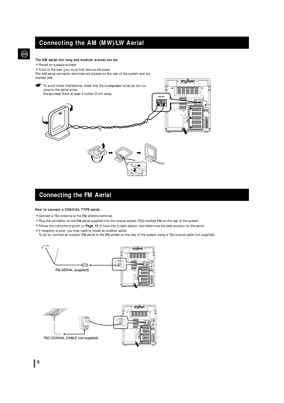 Samsung MAXZB450RH/ELS Connecting the AM MW/LW Aerial, Connecting the FM Aerial, How to connect a Coaxial Type aerial 