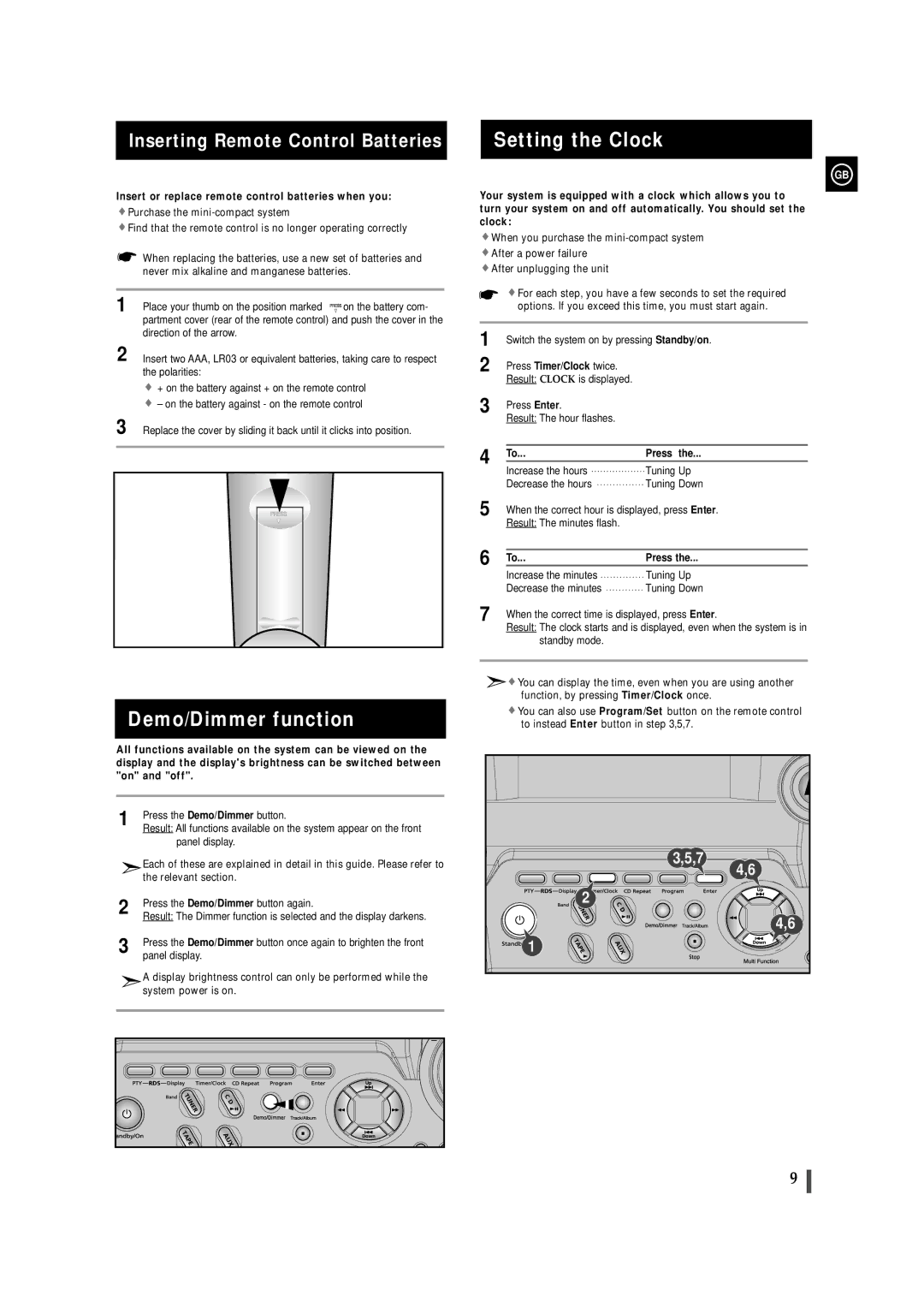 Samsung MAXZB450RH/SPX, MAXZB450RH/ELS Demo/Dimmer function, Setting the Clock, Inserting Remote Control Batteries, Press 