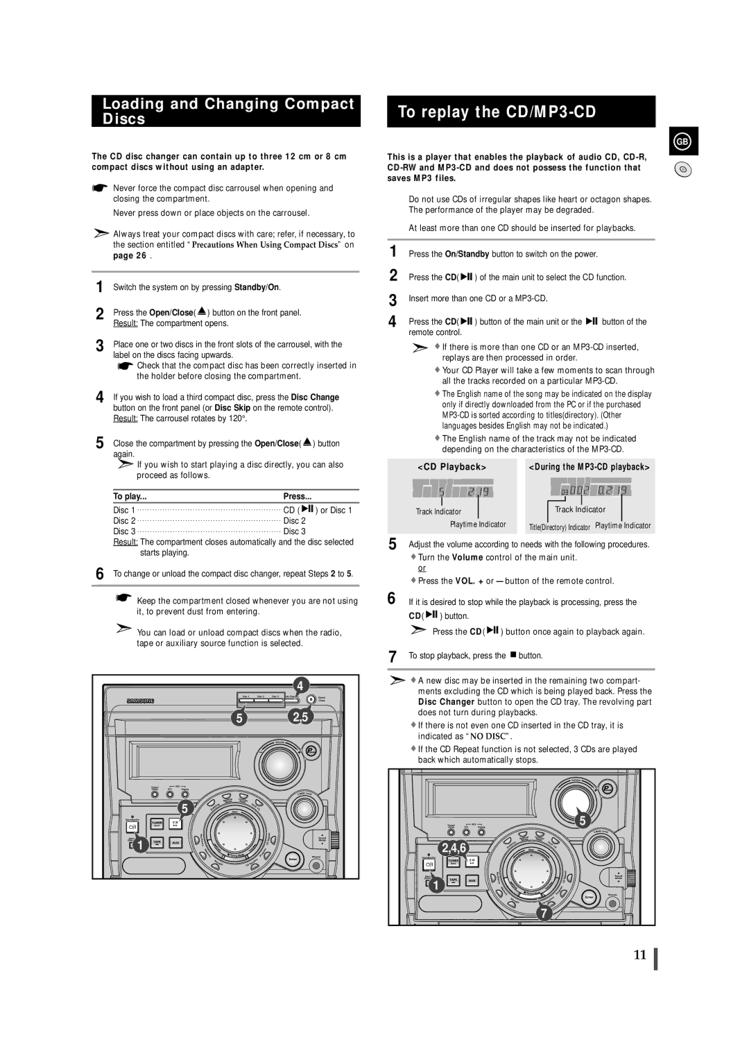 Samsung MAXZB550RH/ELS manual To replay the CD/MP3-CD, Loading and Changing Compact Discs, To play, Track Indicator 