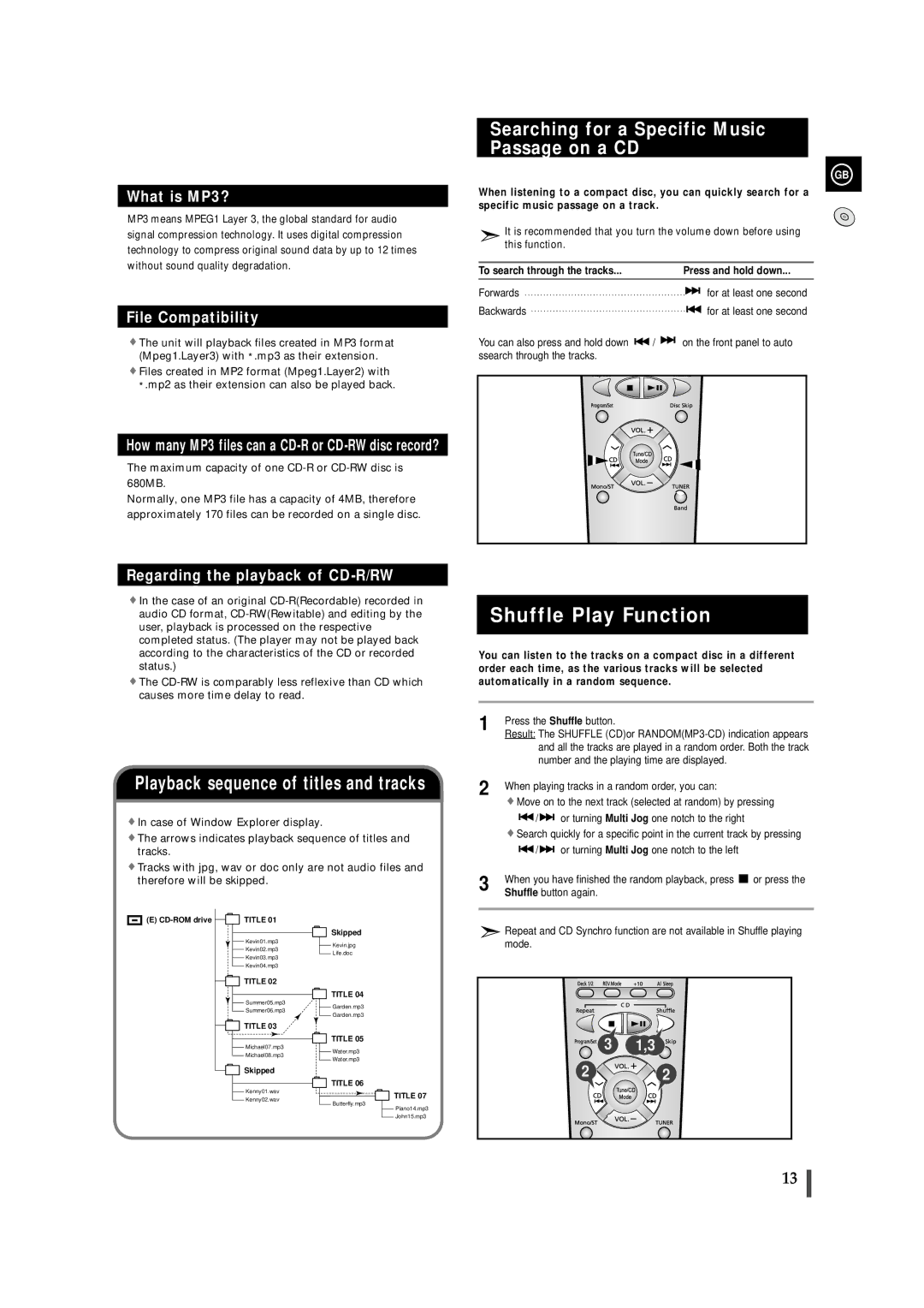 Samsung MAXZB550RH/ELS manual Shuffle Play Function, Searching for a Specific Music Passage on a CD 