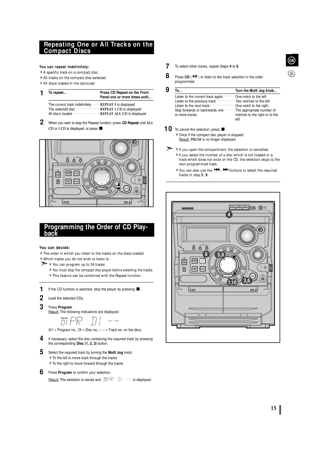 Samsung MAXZB550RH/ELS Programming the Order of CD Play- back, Repeating One or All Tracks on the Compact Discs, To repeat 