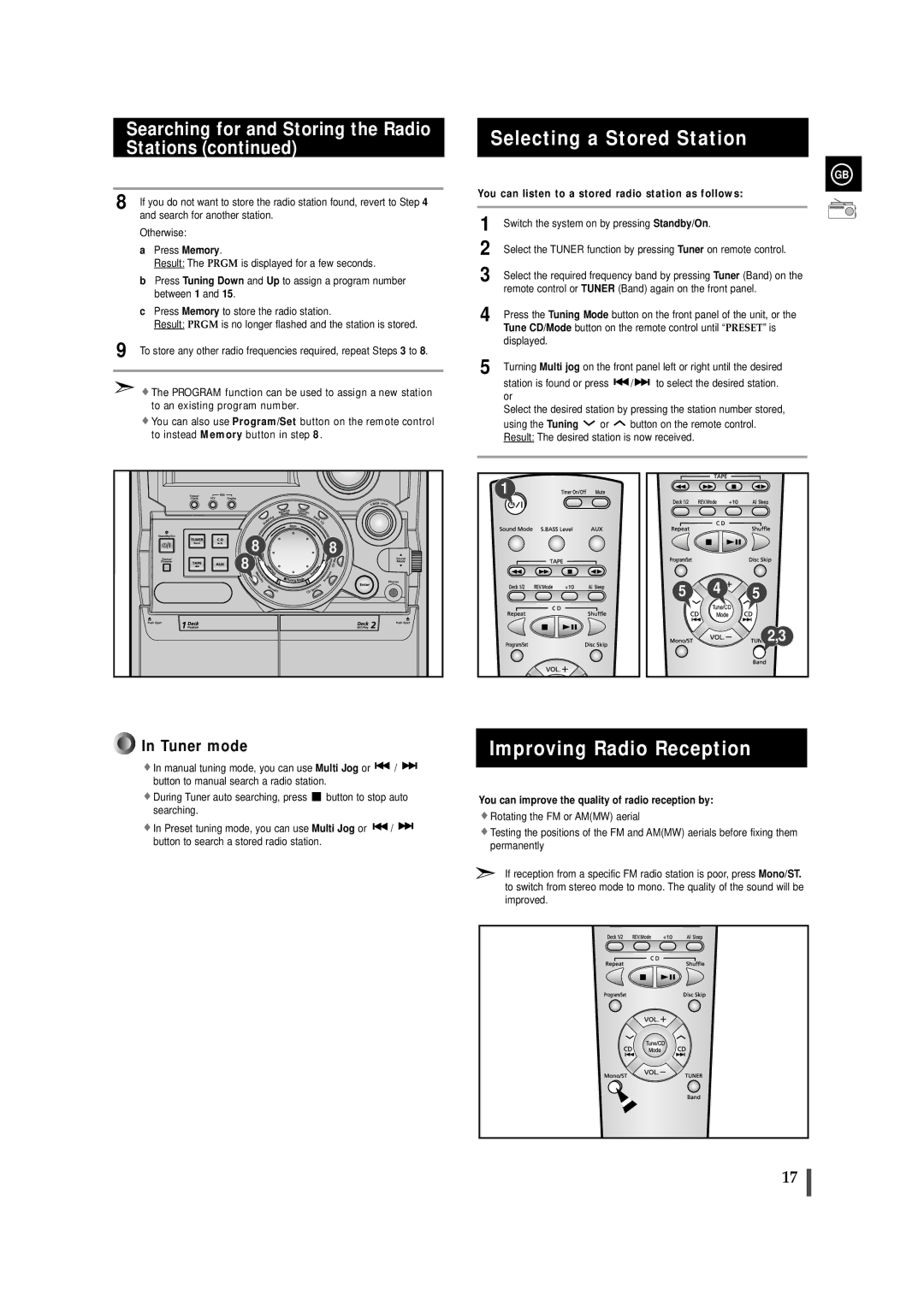 Samsung MAXZB550RH/ELS manual Selecting a Stored Station, Improving Radio Reception 