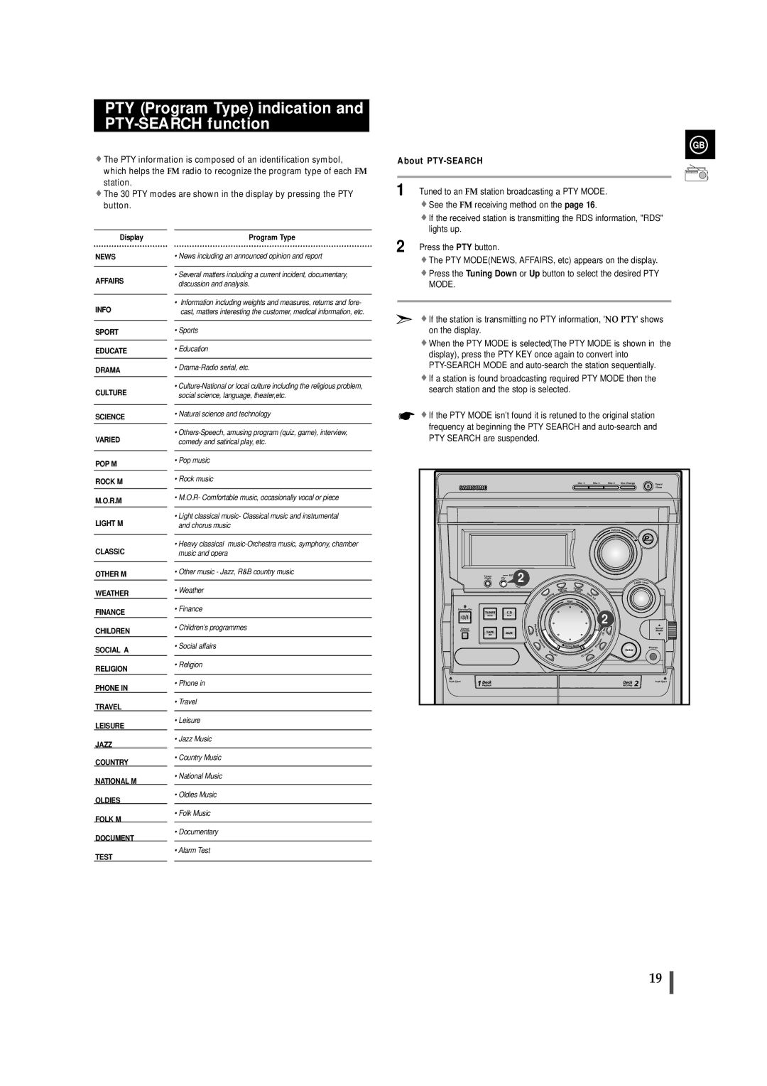 Samsung MAXZB550RH/ELS manual PTY Program Type indication and PTY-SEARCH function, About PTY-SEARCH 