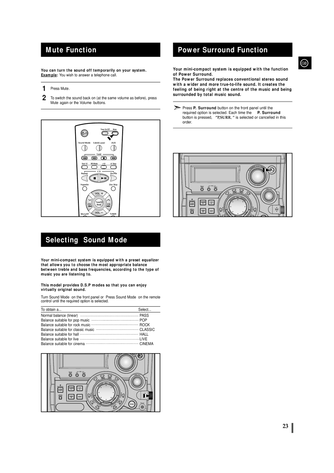 Samsung MAXZB550RH/ELS manual Mute Function, Selecting Sound Mode, Power Surround Function, To obtain a Select 