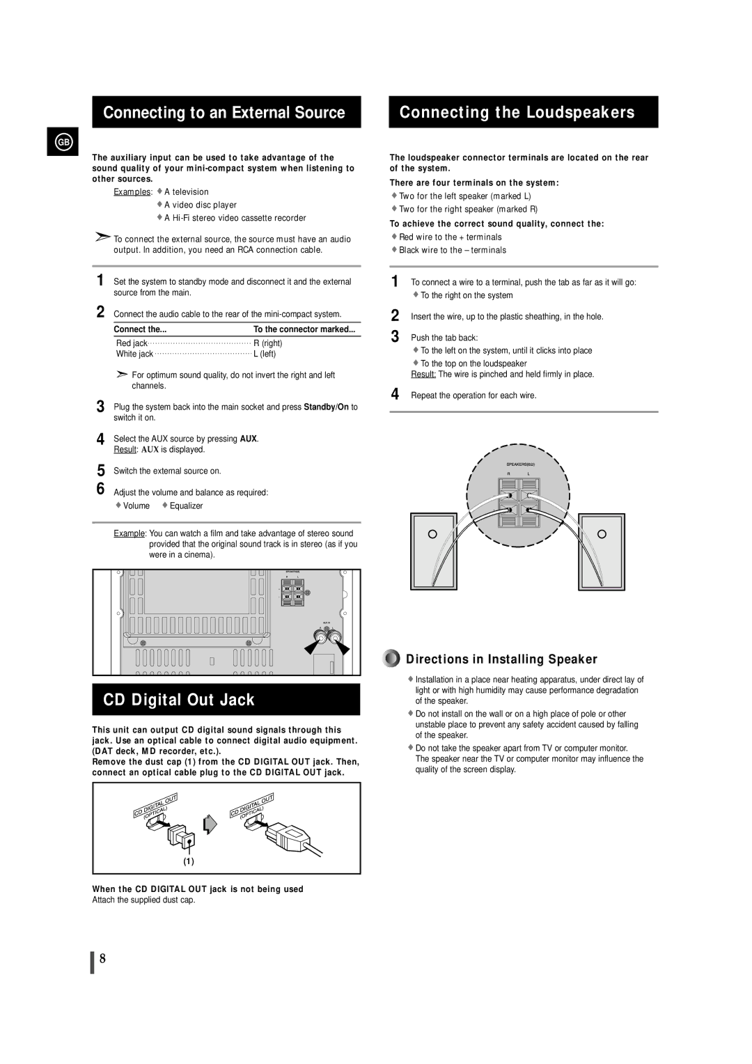 Samsung MAXZB550RH/ELS manual Connecting to an External Source, CD Digital Out Jack, Connecting the Loudspeakers 