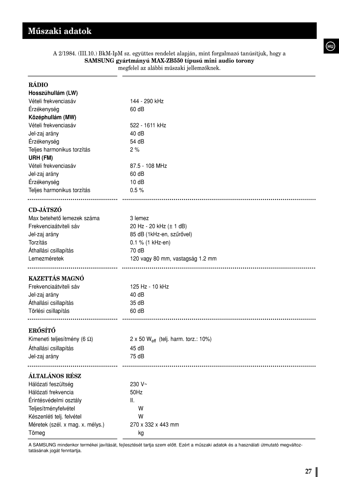 Samsung MAXZB550RH/ELS manual Mûszaki adatok, Középhullám MW 