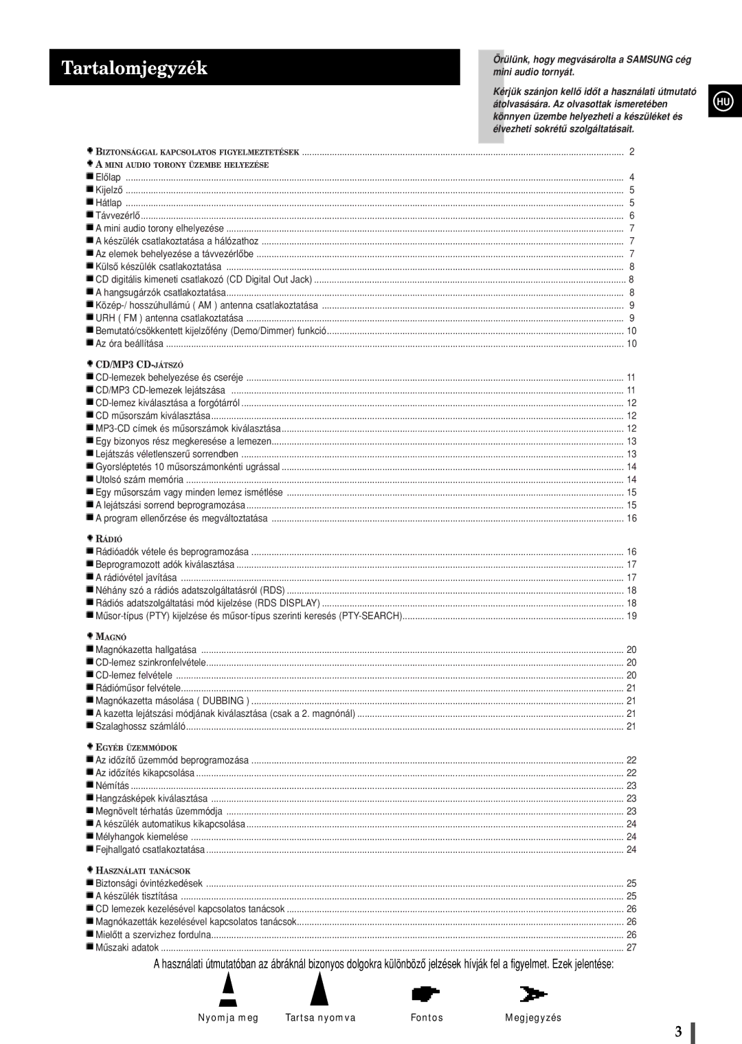 Samsung MAXZB550RH/ELS manual Tartalomjegyzék, Mini Audio Torony Üzembe Helyezése 