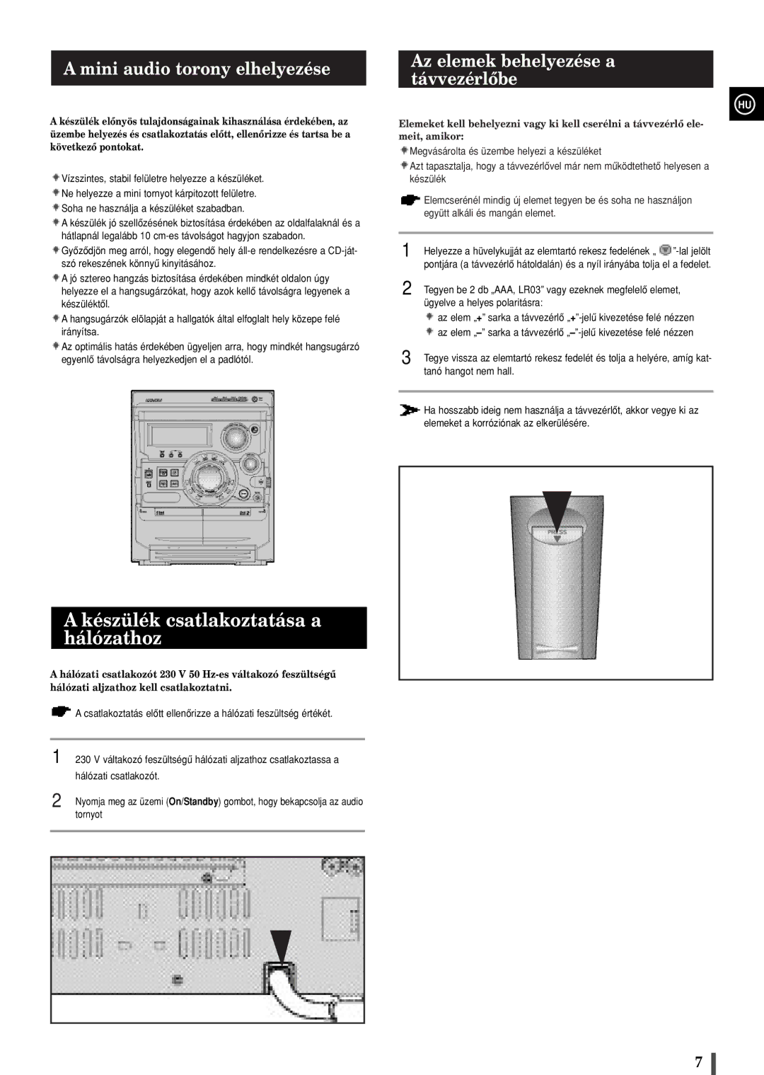 Samsung MAXZB550RH/ELS manual Készülék csatlakoztatása a hálózathoz, Mini audio torony elhelyezése 