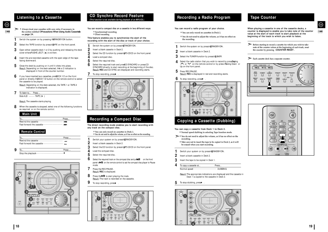 Samsung MAXZJ550RH/ELS manual Listening to a Cassette, CD Synchro Record Feature, Recording a Compact Disc, Tape Counter 