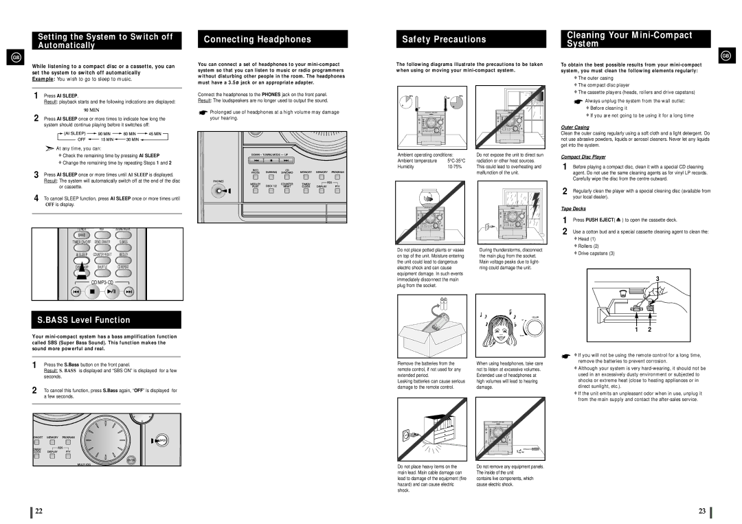 Samsung MAXZJ550RH/EDC manual Setting the System to Switch off Automatically, Connecting Headphones, Bass Level Function 