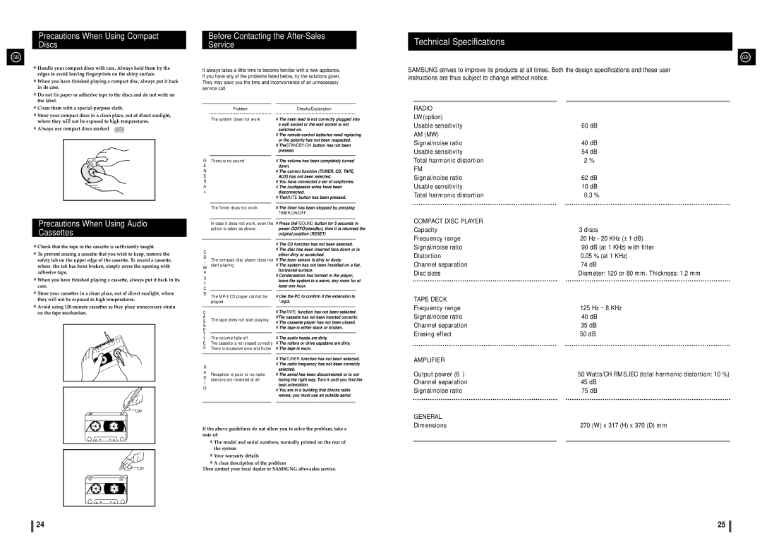 Samsung MAXZJ550RH/ELS, MAXZJ550RH/EDC Precautions When Using Compact Discs, Before Contacting the After-Sales Service 