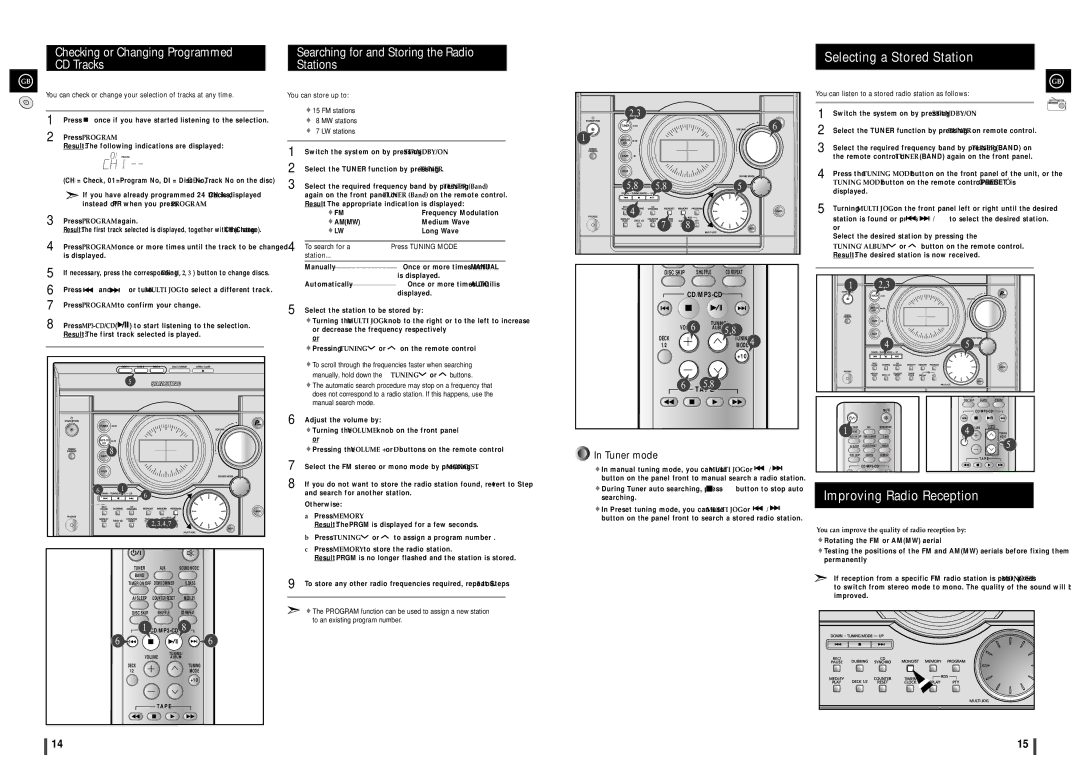 Samsung MAXZJ550QH/XFO manual Checking or Changing Programmed CD Tracks, Searching for and Storing the Radio Stations 