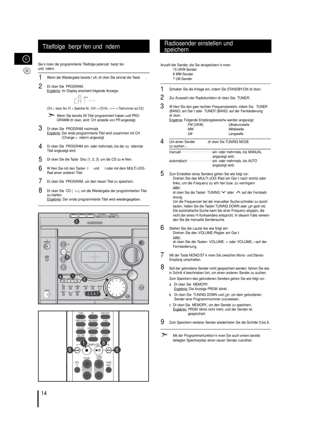 Samsung MAXZJ550RH/EDC manual Titelfolge überprüfen und ändern, Radiosender einstellen und speichern 