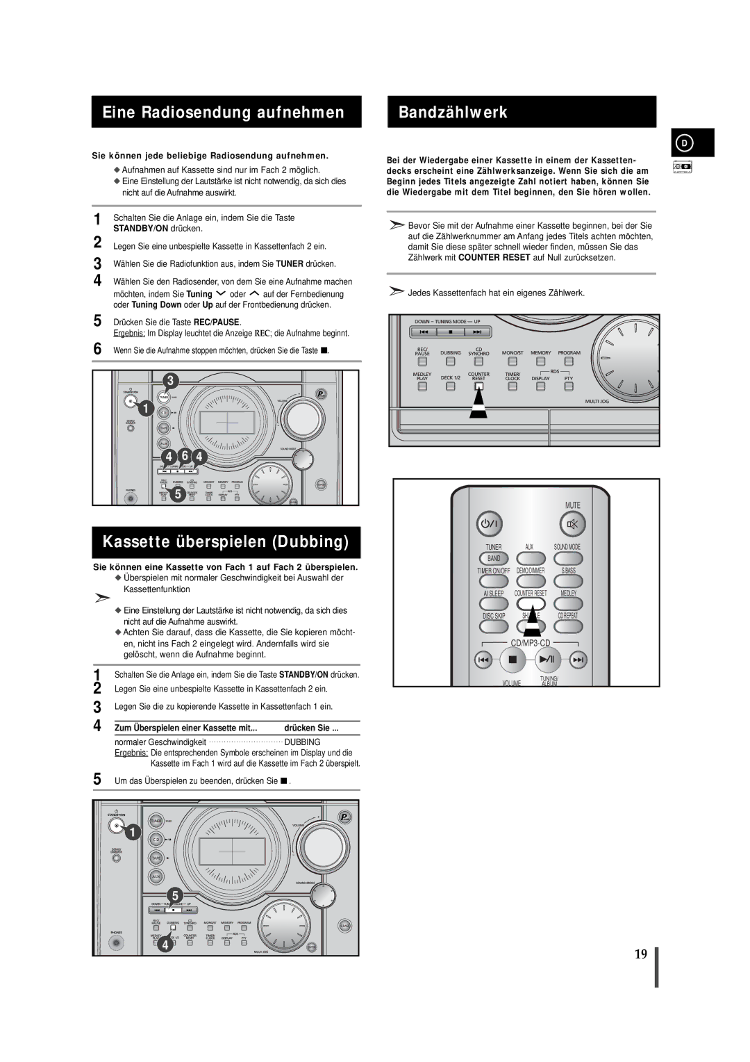 Samsung MAXZJ550RH/EDC manual Eine Radiosendung aufnehmen, Kassette überspielen Dubbing, Bandzählwerk 