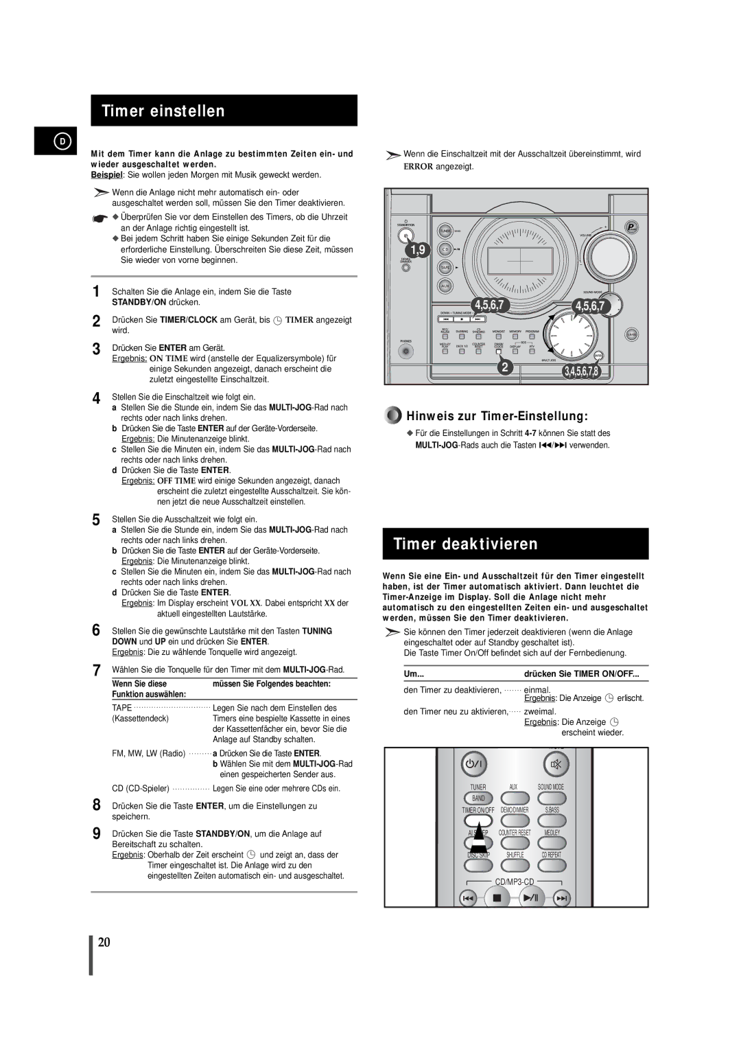 Samsung MAXZJ550RH/EDC manual Timer einstellen, Timer deaktivieren, Drücken Sie Timer ON/OFF 