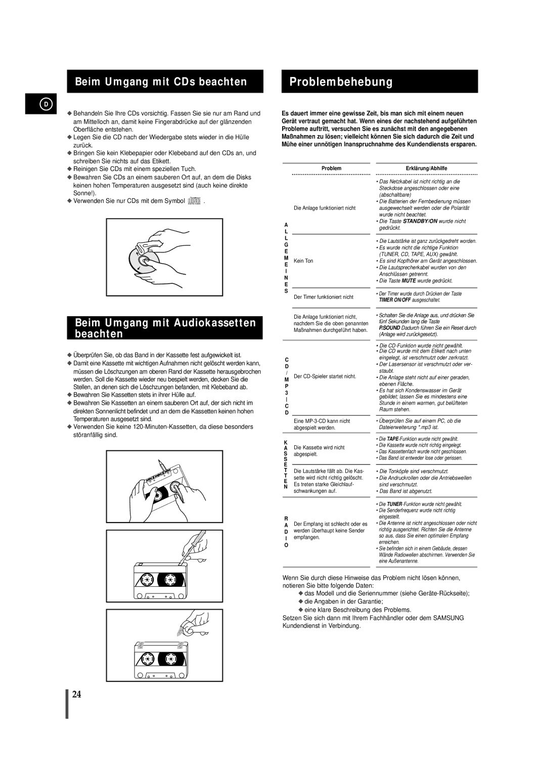 Samsung MAXZJ550RH/EDC manual Problembehebung, Beim Umgang mit CDs beachten, Beim Umgang mit Audiokassetten beachten 