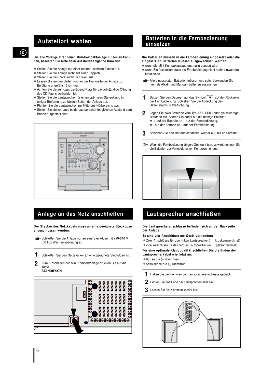 Samsung MAXZJ550RH/EDC manual Aufstellort wählen, Lautsprecher anschließen, Anlage an das Netz anschließen 